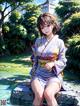 A woman in a kimono sitting on a rock in the water.