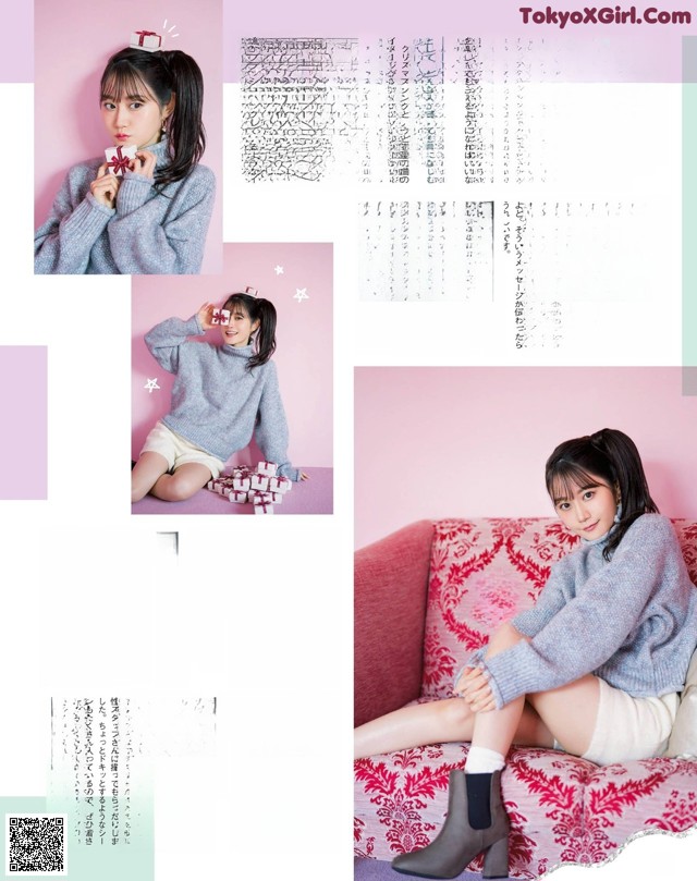 A woman sitting on a pink couch in a magazine.