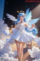 Anime girl with blue hair wearing a white dress and angel wings.