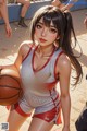 A woman in a basketball uniform holding a basketball.