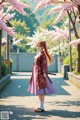 A woman in traditional attire stands under cherry blossoms on a sunny day.