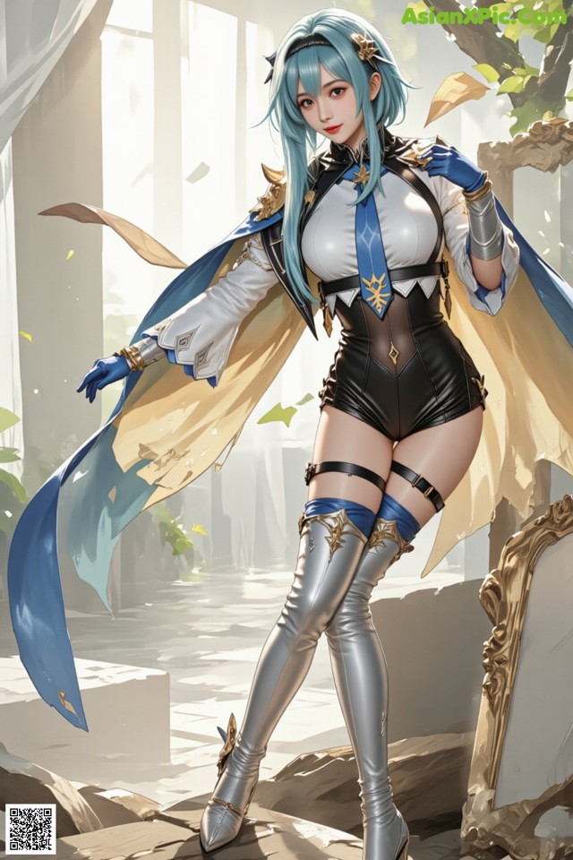 A woman with blue hair wearing a black and white outfit.