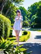 A woman in a white dress walking down a street.